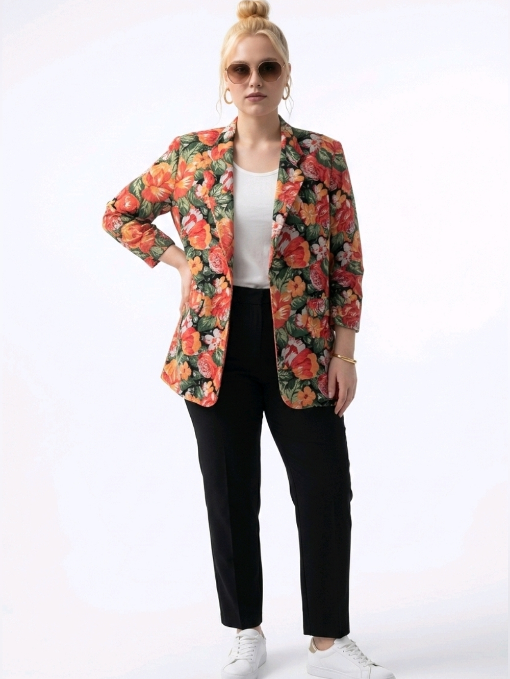 Nicole Miller Vintage Floral Longline Blazer in Red, Green & Orange